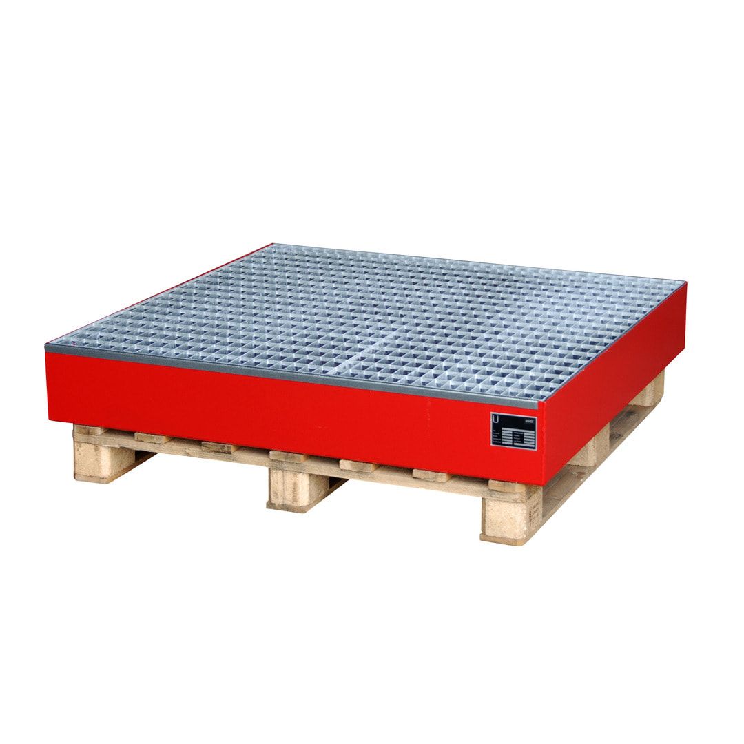 Auffangwanne für 4 x 200 l Fässer - Volumen 215 l - Gitterrost - feuerrot