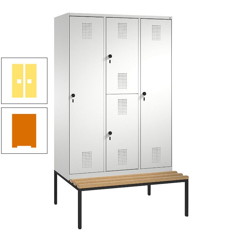 Garderobenschrank, Spind ein- und doppelstöckig Sitzbank, 3 Abteile, 4 Fächer, 2.090x1.200x500 mm (HxBxT), Front anthrazitgrau, Korpus anthrazitgrau