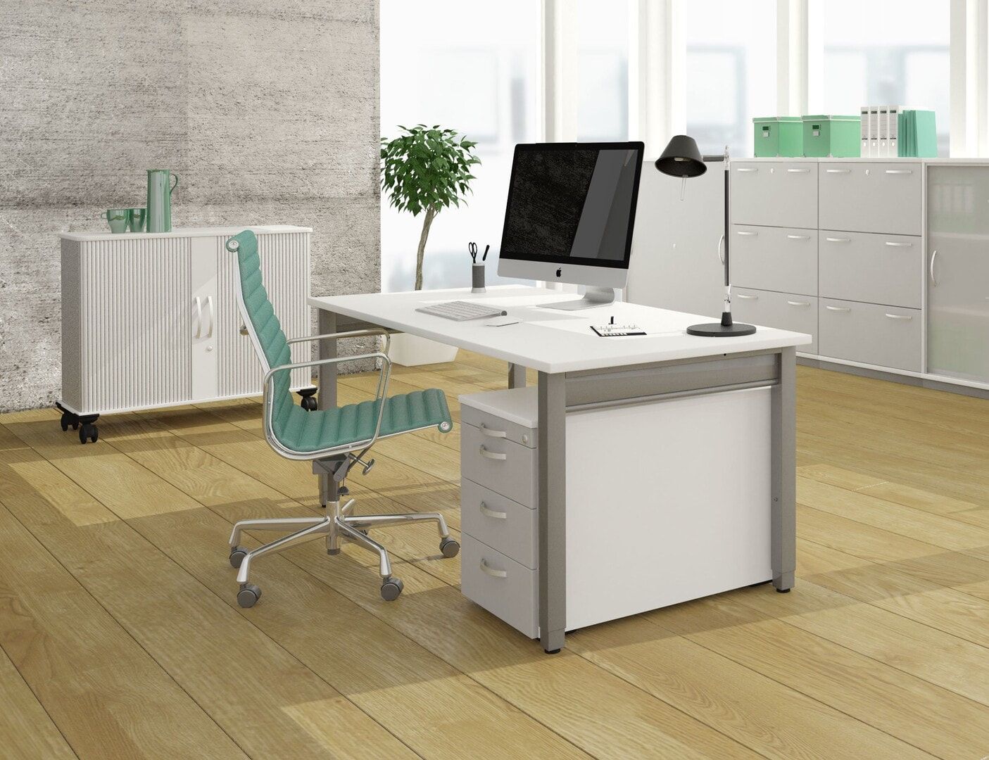 Eckschreibtisch, Ecke links, Füße einseitig verkürzt, 4-Fuß Quadrat Pro, höhenverstellbar, 680-800 x 1.600 x 1.200 mm (HxBxT), Dekor Ahorn