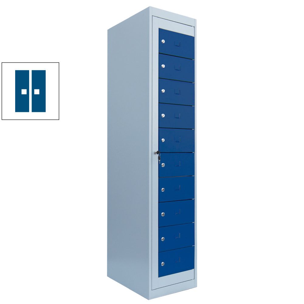 Verteilerschrank, Ausgabeschrank, Fächerschrank, Zentraltür, 1 Abteil, 10 Fächer, 1.800 x 400 x 500 mm (HxBxT), Korpus lichtgrau, Front enzianblau
