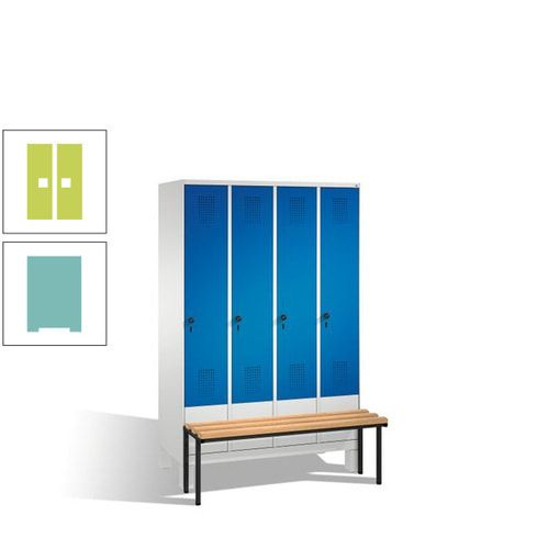 Stahl-Garderobenschrank, Spind, Buche Sitzbank vorgebaut, 4 Abteile a 300 mm, Korpus Lichtgrün, Tür Schwefelgelb, 1.850 x 1.200 x 815 mm (HxBxT)