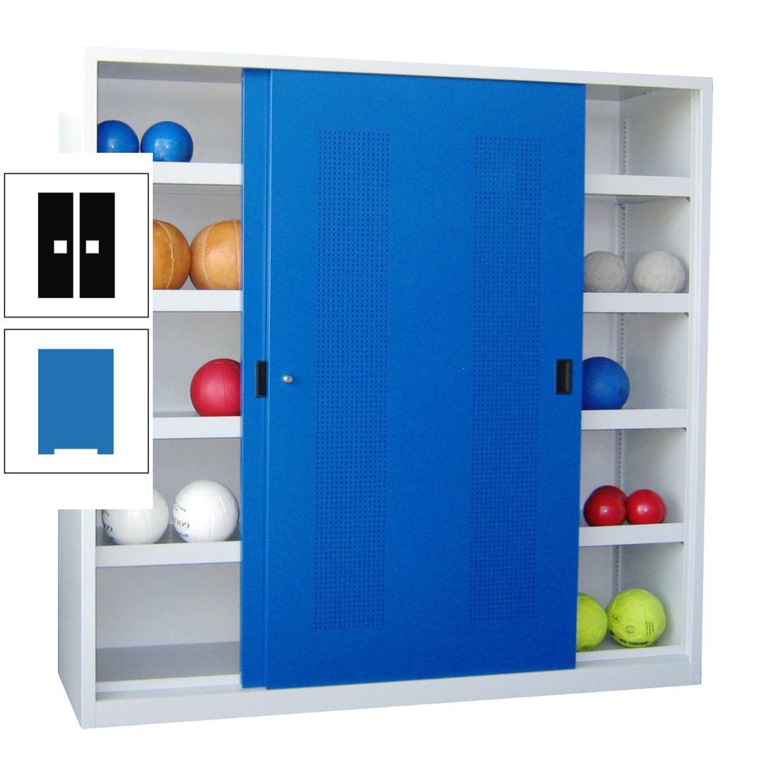 Ballschrank - Schiebetüren mit Lochfeld - Trennwand - 8 Böden - 1.950x2.000x600 mm (HxBxT) - anthrazitgrau