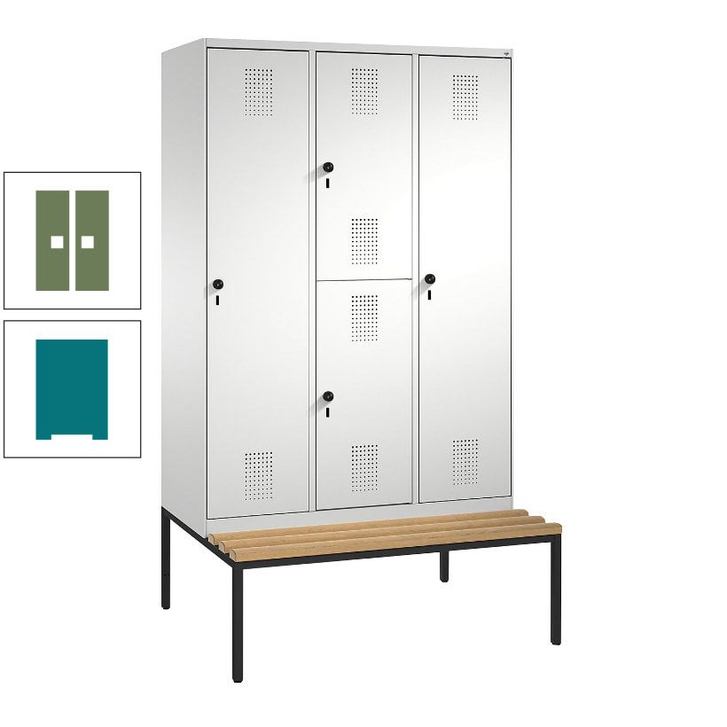 Garderobenschrank, Spind ein- und doppelstöckig Sitzbank, 3 Abteile, 4 Fächer, 2.090x1.200x500 mm (HxBxT), Front anthrazitgrau, Korpus anthrazitgrau