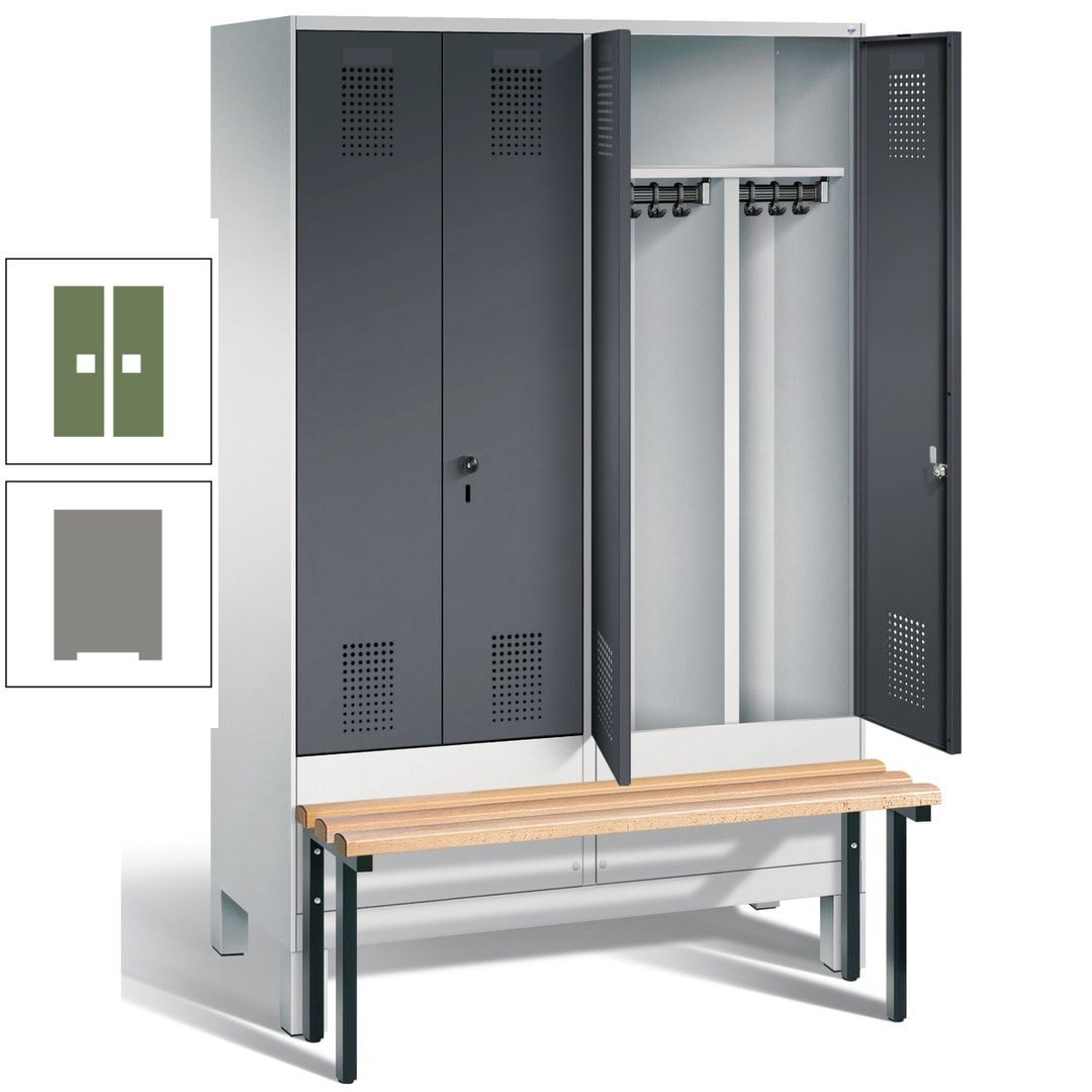 Doppel-Spind, Garderobenschrank, Buche Sitzbank vorgebaut, 4 Abteile a 300 mm, Korpus feuerrot, Tür Wasserblau, 1.850 x 1.200 x 815 mm (HxBxT)