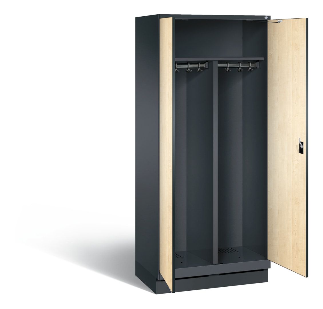 Doppel-Spind, Garderobenschrank auf Sockel, 2 Abteile a 400 mm, Korpus anthrazitgrau, Tür Dekorfront HPL Donau-Ahorn, 1.800 x 800 x 500 mm (HxBxT)