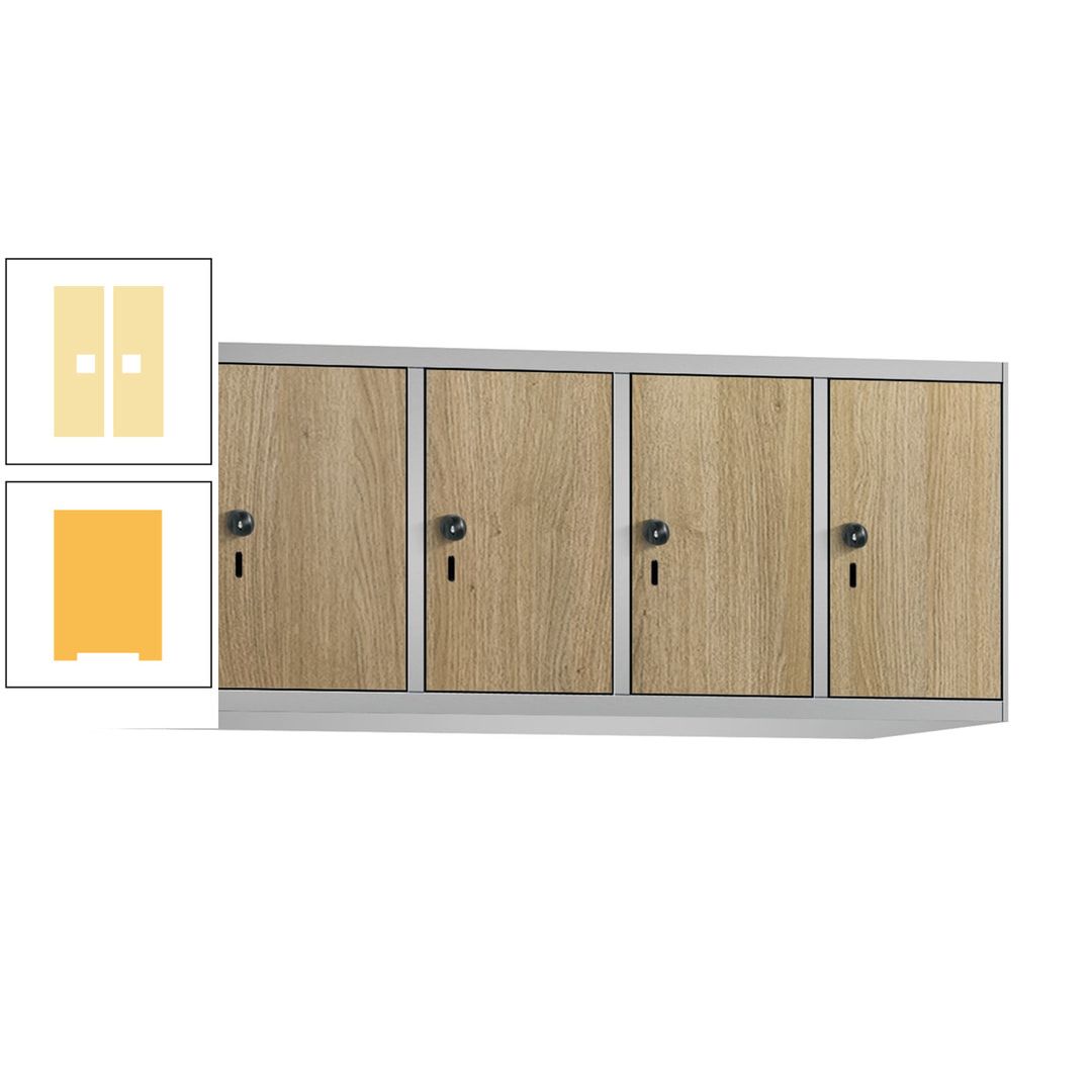 Aufsatzschrank, Schrankaufsatz, 4 Fächer a 300 mm, Farbe Pastellgelb, Tür anthrazitgrau, 500 x 1.200 x 500 mm (HxBxT)