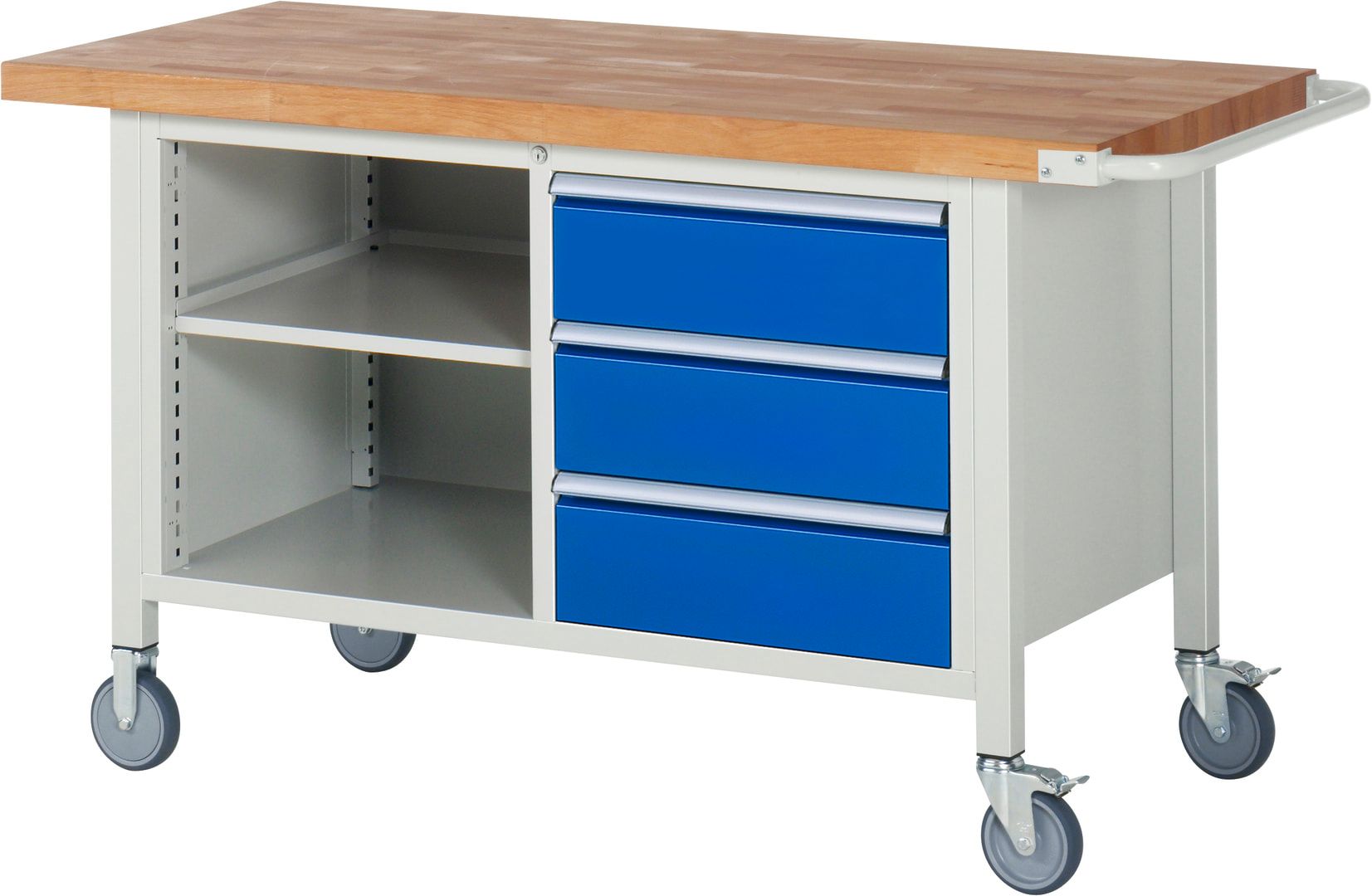 Mobile Werkbank, 2 Ablageböden - 3 Schubladen - Teilauszug - 180:3 - Höhe 880-1.080 mm - 1.500 x 700 mm - 450 kg - Anthrazitgrau