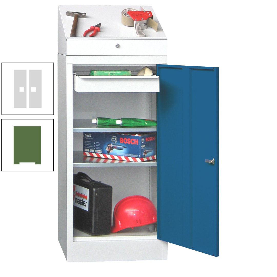 Stehpult mit Schrank - Vollblechtür - 1 Einlegeboden, 1 Ausziehboden, 1 Schublade - 1.270x500x500 mm (HxBxT) - anthrazitgrau