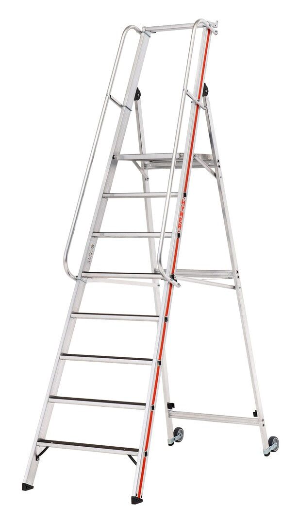 Plattformleiter mit langem Handlauf, zwei Kipprollen, Rutschhemmung R13, Ablage und Eimerhaken, Leiterlänge 1.950 mm, 4 Stufen, Traglast 150 kg, Hymer