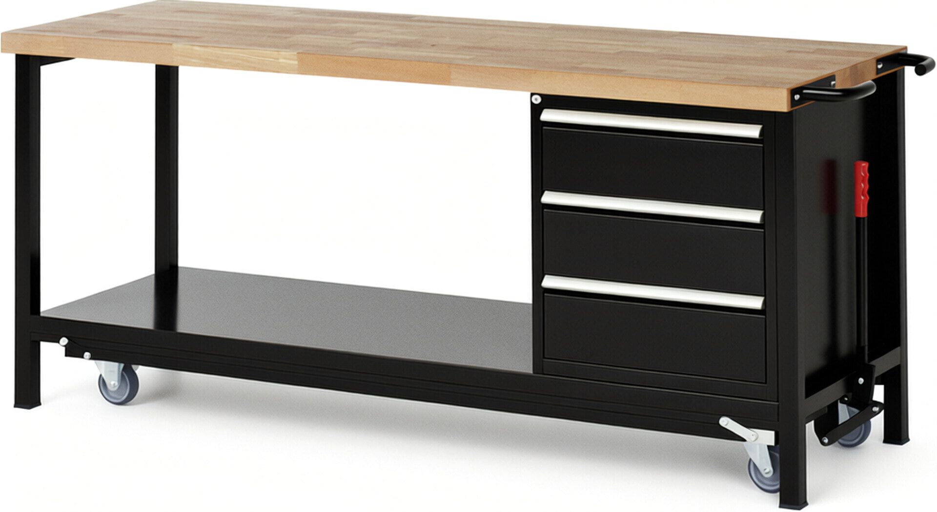 Mobile absenkbare Werkbank mit 3 Schubladen - Teilauszug - 180:3 - 880 x 2.000 x 700 mm (HxBxT) - 1,25 t - Buche - Anthrazitgrau