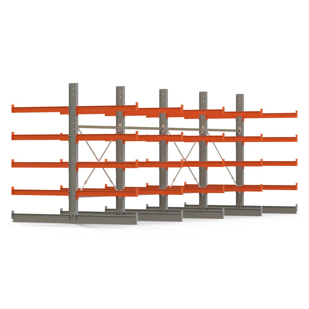 Doppelseitiges Kragarmregal, 2 Felder, 2.000 x 2.560 x 1.120 mm (HxBxT), Nutztiefe 500 mm, Kragarmlast 870 kg, KARL basic, silbergrau/reinorange