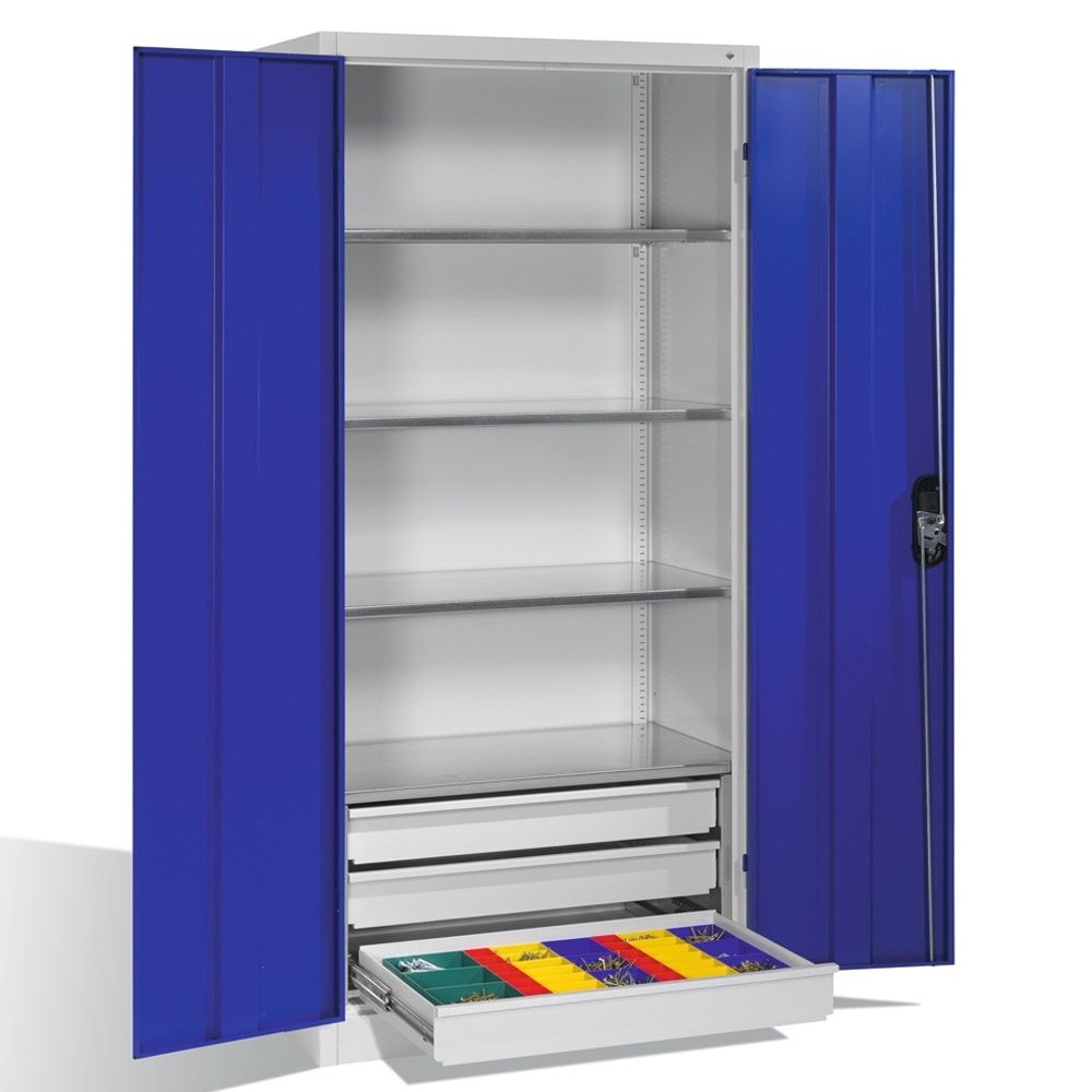 C+P Großraum Werkzeugschrank, Maschinenschrank, 4 Fachböden, 3 Schubladen unten, Farbe lichtgrau, 1.950 x 930 x 500 (HxBxT)