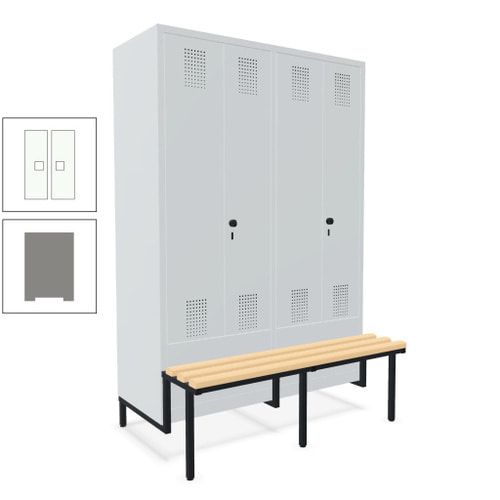 Doppel-Spind, Garderobenschrank, Buche Sitzbank integriert, 4 Abteile 300 mm, Korpus anthrazitgrau, Tür anthrazitgrau, 1.850 x 1.200 x 815 mm (HxBxT)