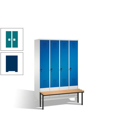Stahl-Garderobenschrank, Spind, Buche Sitzbank vorgebaut, 4 Abteile a 300 mm, Korpus Lichtgrün, Tür Schwefelgelb, 1.850 x 1.200 x 815 mm (HxBxT)