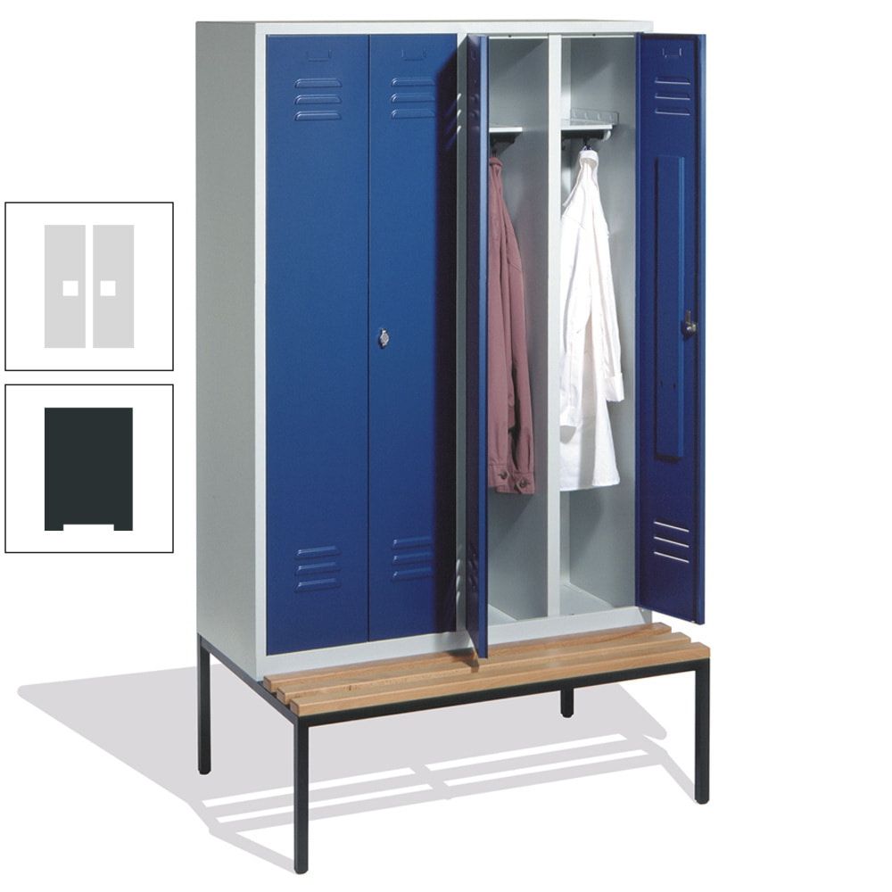 Doppel-Spindschrank, Buche Sitzbank untergebaut, 4 Abteile a 300 mm, Korpus lichtgrau, Tür anthrazitgrau, 2.090 x 1.190 x 815 mm (HxBxT)