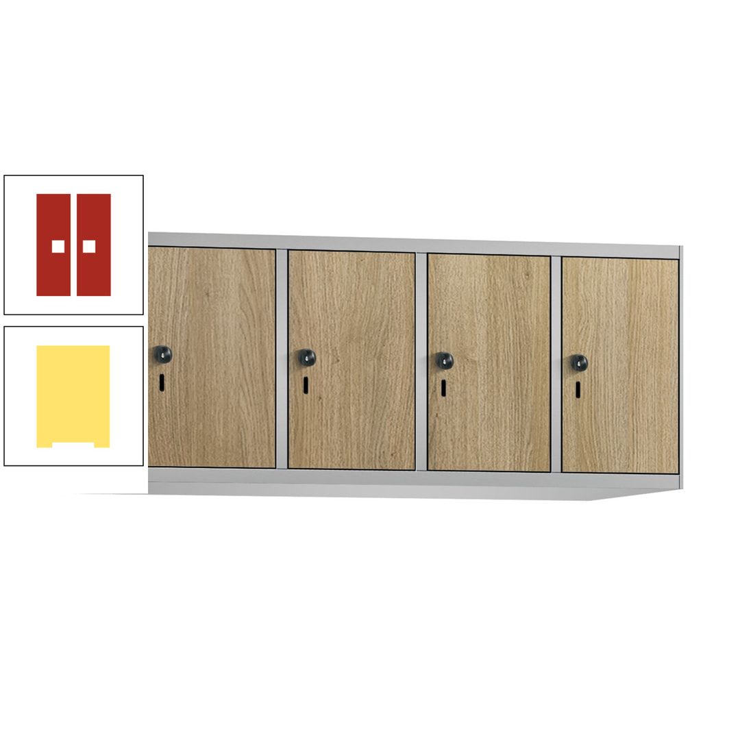 Aufsatzschrank, Schrankaufsatz, 4 Fächer a 300 mm, Farbe Pastellgelb, Tür anthrazitgrau, 500 x 1.200 x 500 mm (HxBxT)