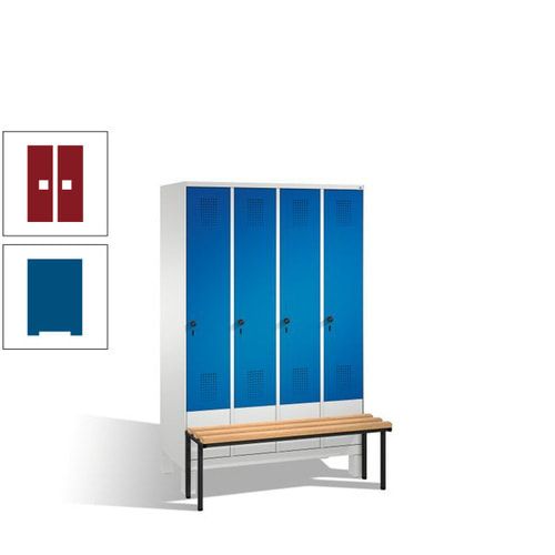 Stahl-Garderobenschrank, Spind, Buche Sitzbank vorgebaut, 4 Abteile a 300 mm, Korpus Lichtgrün, Tür Schwefelgelb, 1.850 x 1.200 x 815 mm (HxBxT)