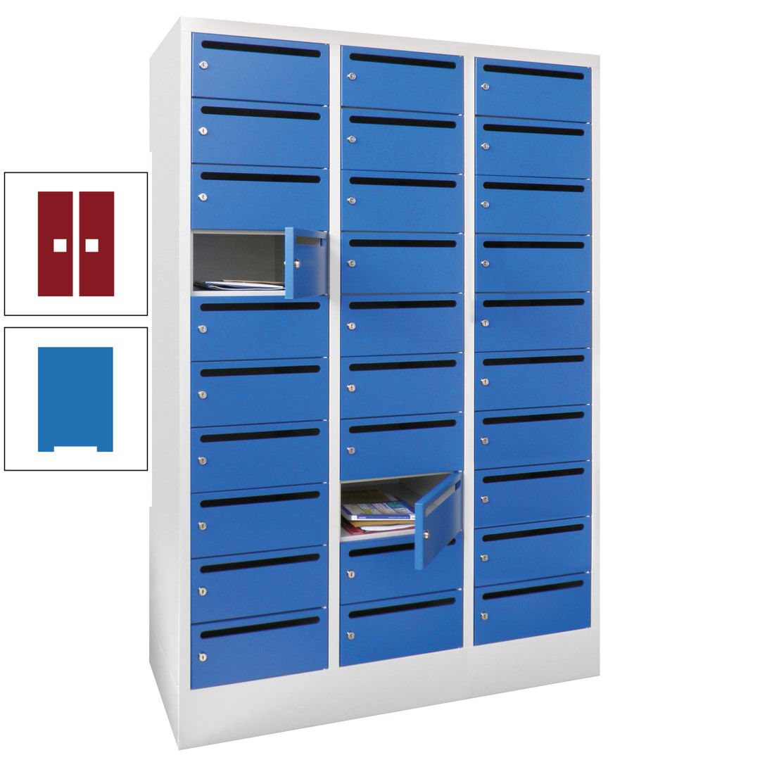 Postverteilerschrank, Schließfachschrank, 3 Abteile a 300 mm, 30 Fächer, 1.850 x 900 x 500 mm (HxBxT), Korpus anthrazitgrau, Front anthrazitgrau