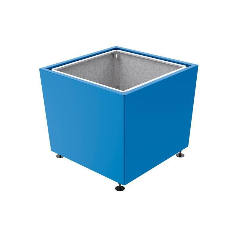Pflanzkübel, 2 mm Stahlblech fvz, innen Blech feuerverzinkt mit Verladungsgriffen, verstellbare Füße, 760 x 785 x 785 mm (HxBxT), enzianblau