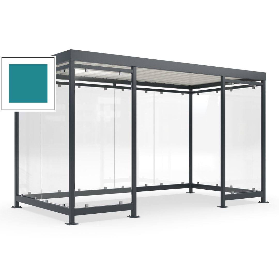 Fahrgastunterstand, Raucherunterstand, fertig montiert, Aufdübeln, 12-13 Personen, 2.510 x 4.195 x 2.165 mm (HxBxT), 10 Wände, Achatgrau
