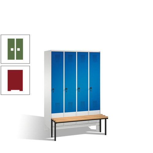 Stahl-Garderobenschrank, Spind, Buche Sitzbank vorgebaut, 4 Abteile a 300 mm, Korpus Lichtgrün, Tür Schwefelgelb, 1.850 x 1.200 x 815 mm (HxBxT)