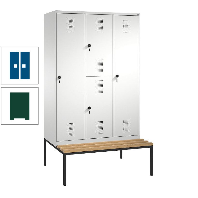 Garderobenschrank, Spind ein- und doppelstöckig Sitzbank, 3 Abteile, 4 Fächer, 2.090x1.200x500 mm (HxBxT), Front anthrazitgrau, Korpus anthrazitgrau