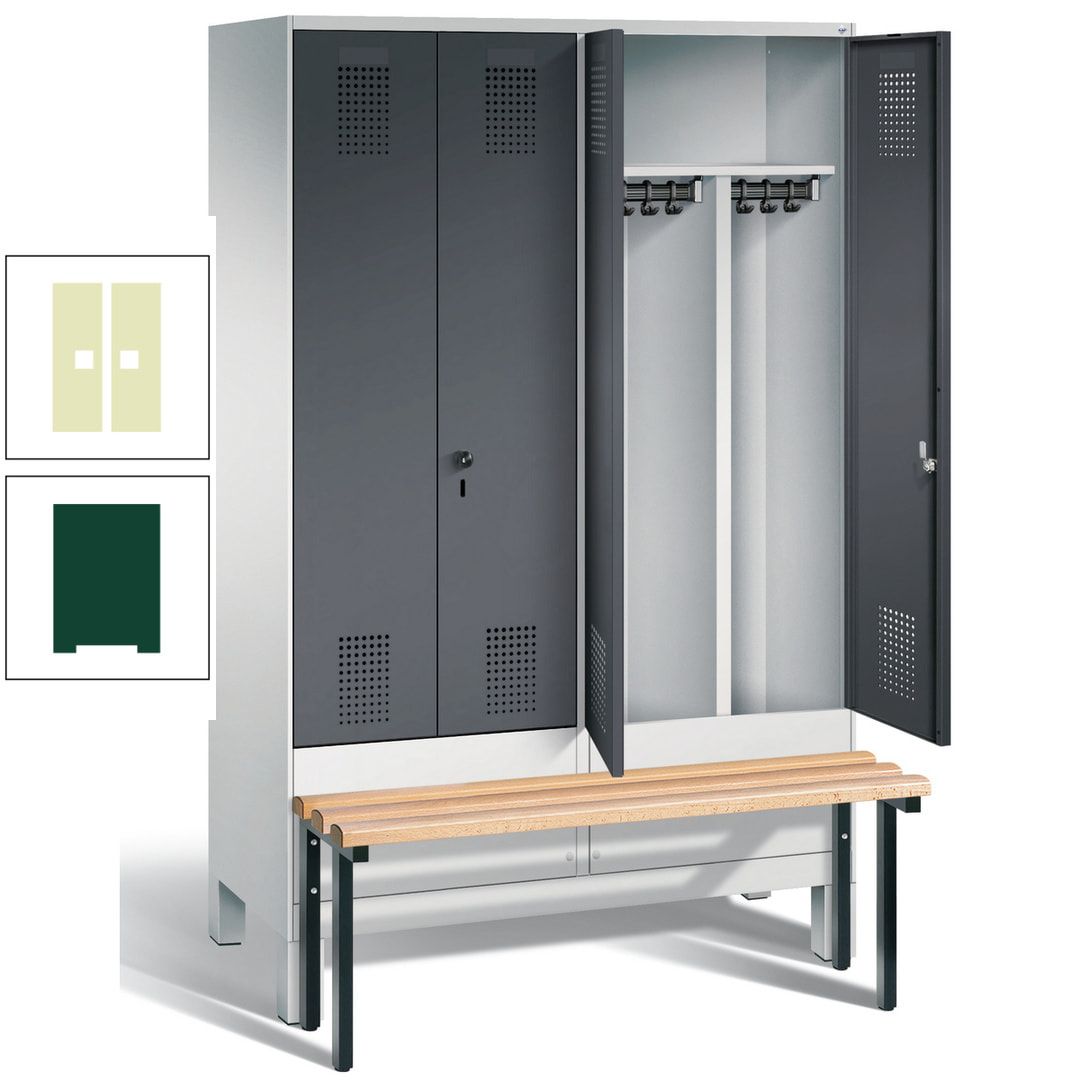 Doppel-Spind, Garderobenschrank, Buche Sitzbank vorgebaut, 4 Abteile a 300 mm, Korpus feuerrot, Tür Wasserblau, 1.850 x 1.200 x 815 mm (HxBxT)