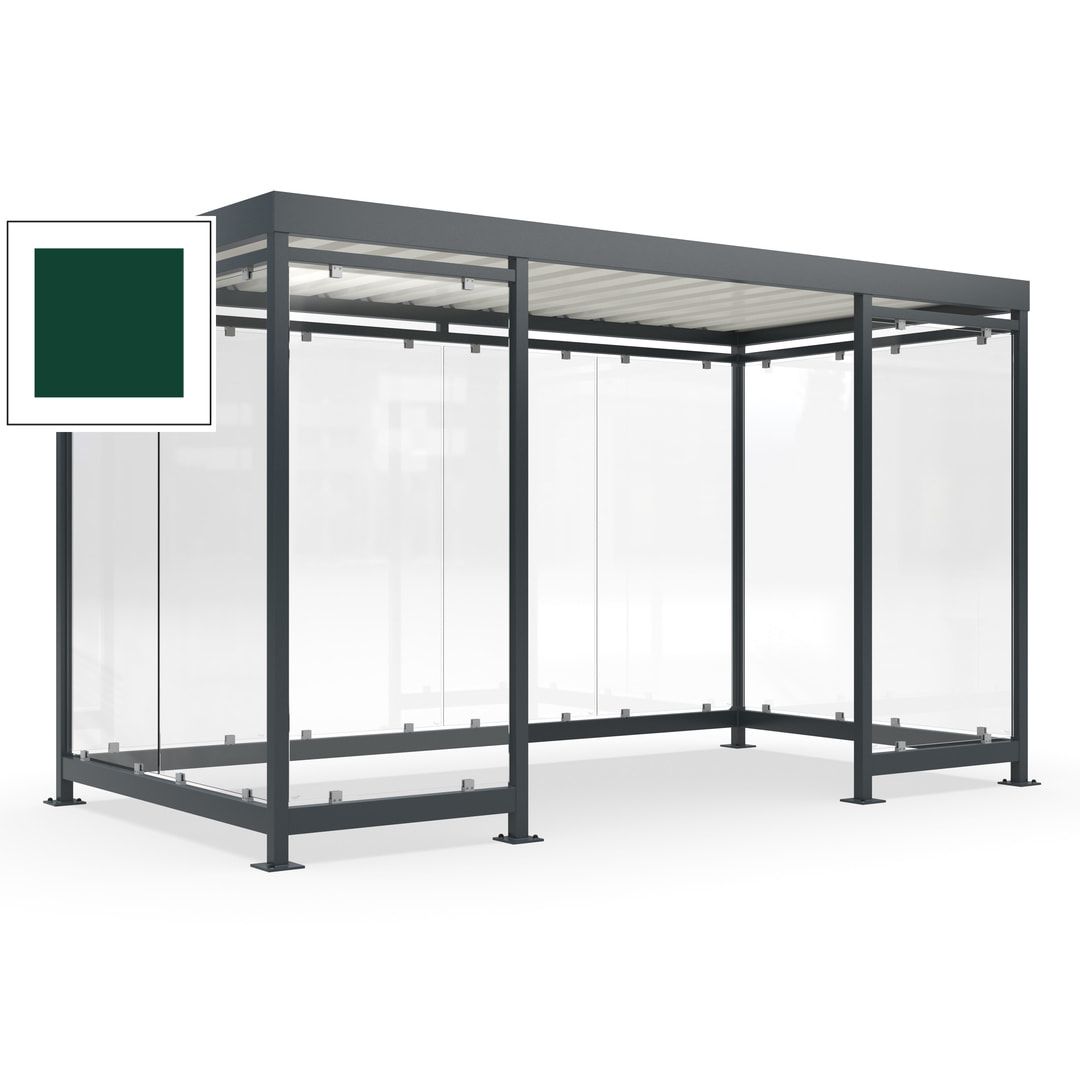 Fahrgastunterstand, Raucherunterstand, fertig montiert, Aufdübeln, 12-13 Personen, 2.510 x 4.195 x 2.165 mm (HxBxT), 10 Wände, Achatgrau