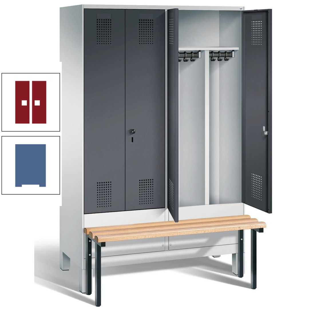 Doppel-Spind, Garderobenschrank, Buche Sitzbank vorgebaut, 4 Abteile a 300 mm, Korpus feuerrot, Tür Wasserblau, 1.850 x 1.200 x 815 mm (HxBxT)
