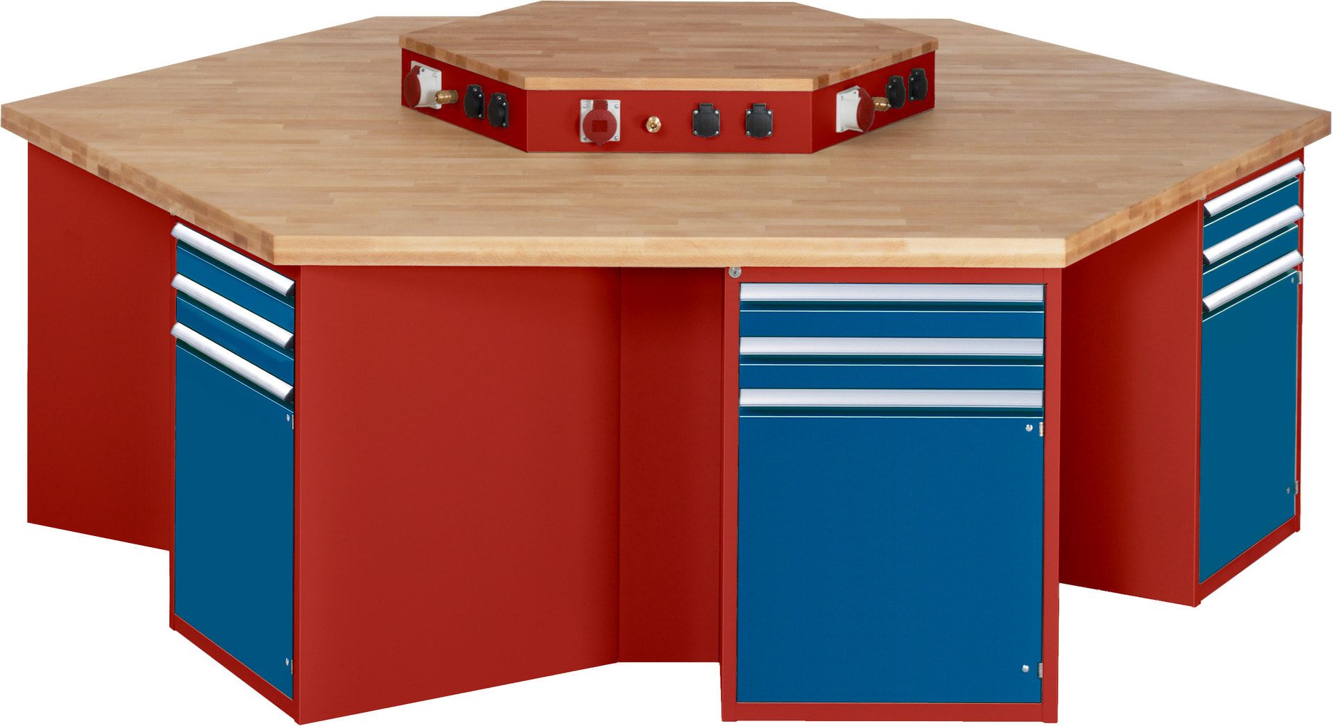 Gruppenwerkbank, Buche, Höhe 840 mm, mit Energieaufsatz, Unterbau-Container, 2 Schubladen, 1 Tür, 1 Boden - Anthrazitgrau