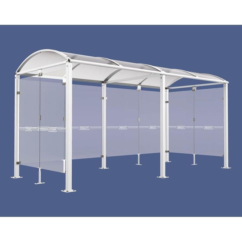 Fahrradunterstand, Fahrradüberdachung, All-in-One + Zusatz, Sicherheitsglas, 2.635 x 5.000 x 2.090 mm (HxBxT), auf Bodenplatten, Farbe enzianblau