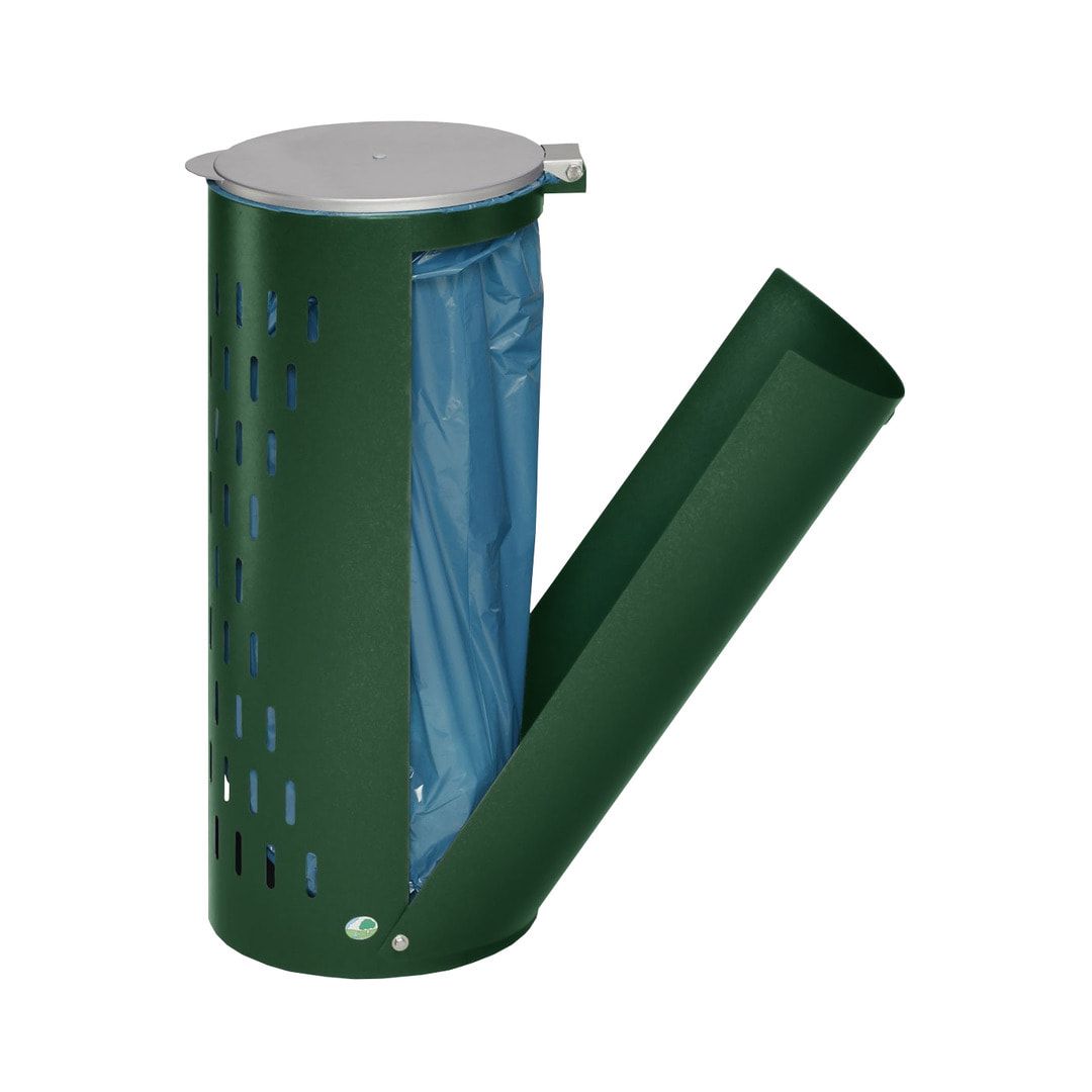 Müllsackhalter - mit Klapptür - gelochter Korpus - rund - Volumen 80 l - 850 x 380 x 440 mm (HxBxT) - Antik silber
