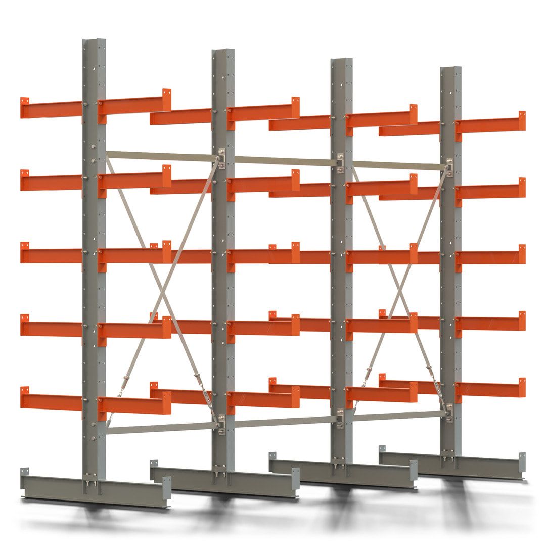 Doppelseitiges Kragarmregal, 2 Felder, 2.500 x 2.000 x 1.120 mm (HxBxT), Nutztiefe 500 mm, Kragarmlast 870 kg, KARL basic, silbergrau/reinorange