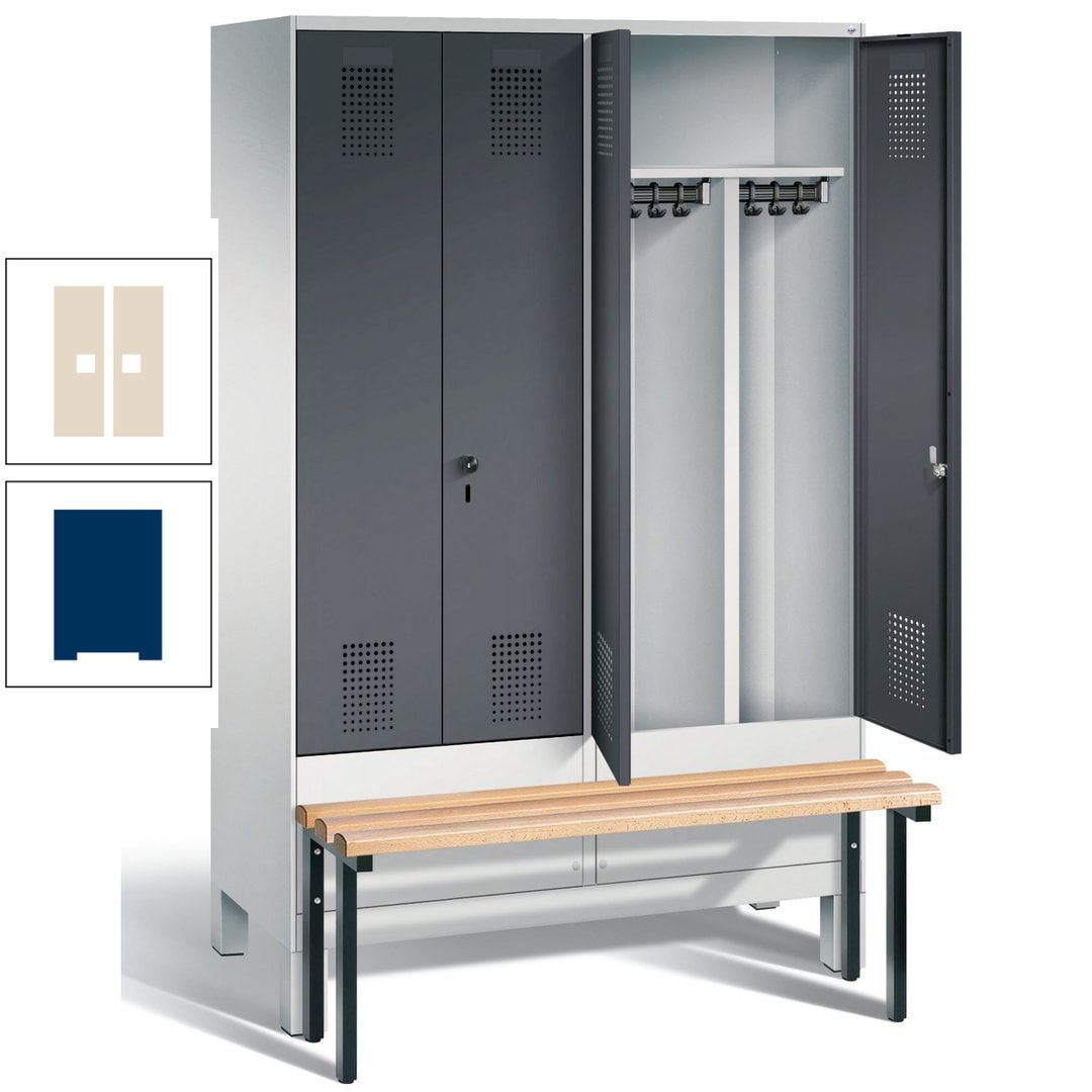 Doppel-Spind, Garderobenschrank, Buche Sitzbank vorgebaut, 4 Abteile a 300 mm, Korpus feuerrot, Tür Wasserblau, 1.850 x 1.200 x 815 mm (HxBxT)
