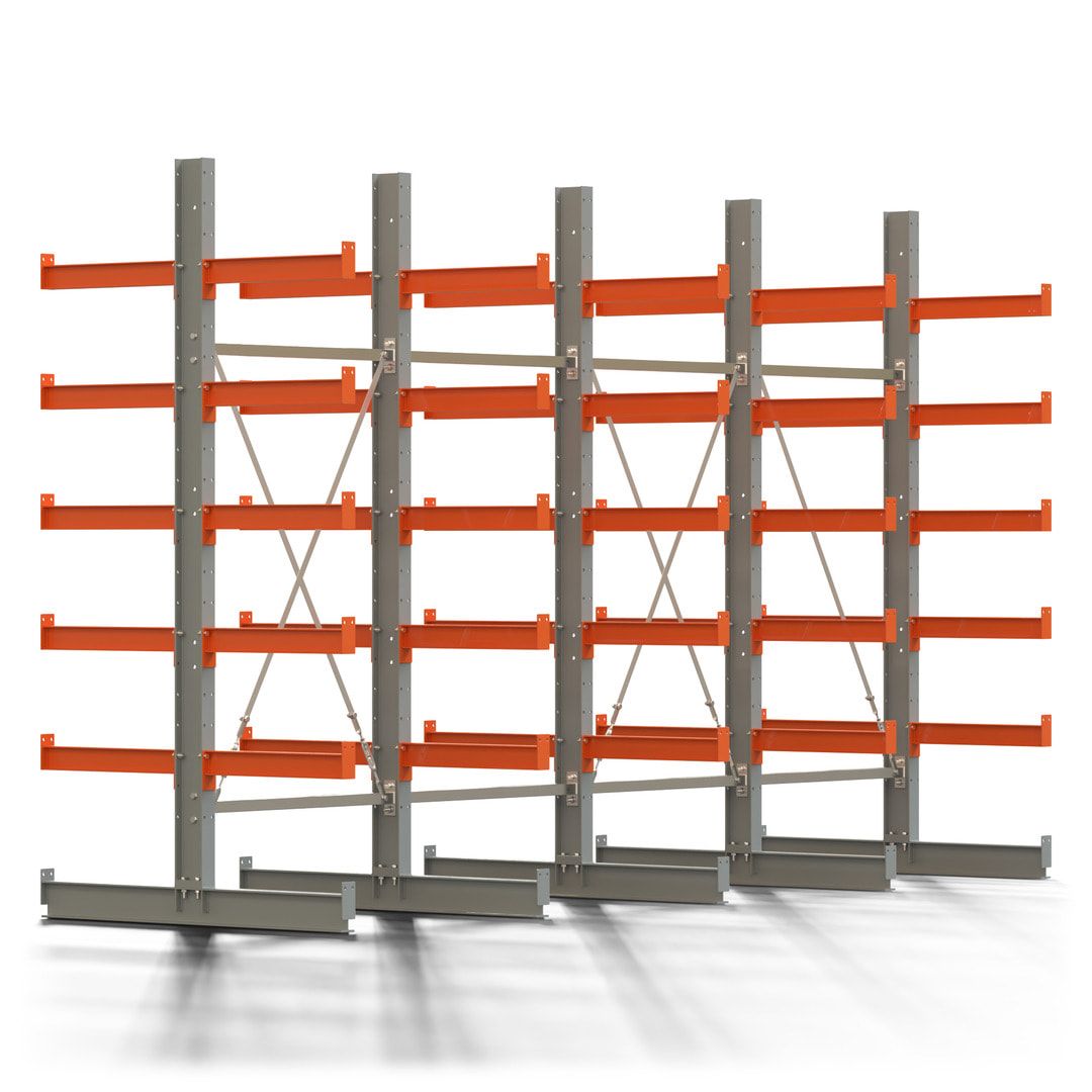 Doppelseitiges Kragarmregal, 2 Felder, 2.500 x 2.000 x 1.120 mm (HxBxT), Nutztiefe 500 mm, Kragarmlast 870 kg, KARL basic, silbergrau/reinorange