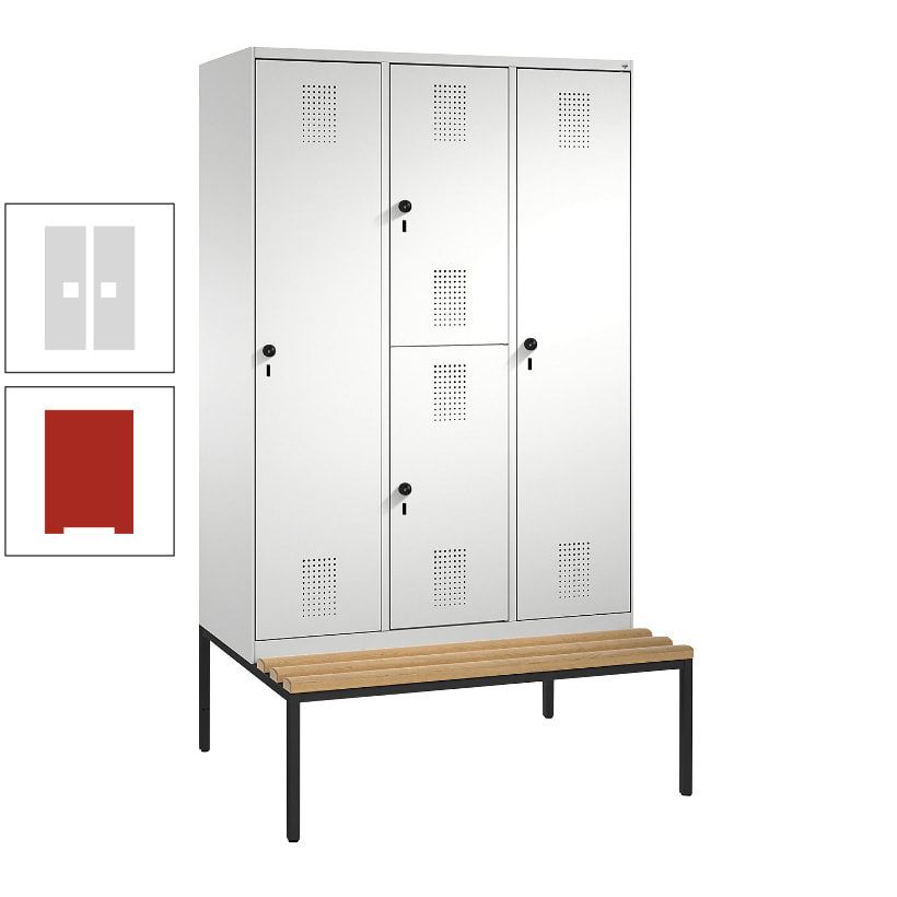 Garderobenschrank, Spind ein- und doppelstöckig Sitzbank, 3 Abteile, 4 Fächer, 2.090x1.200x500 mm (HxBxT), Front anthrazitgrau, Korpus anthrazitgrau