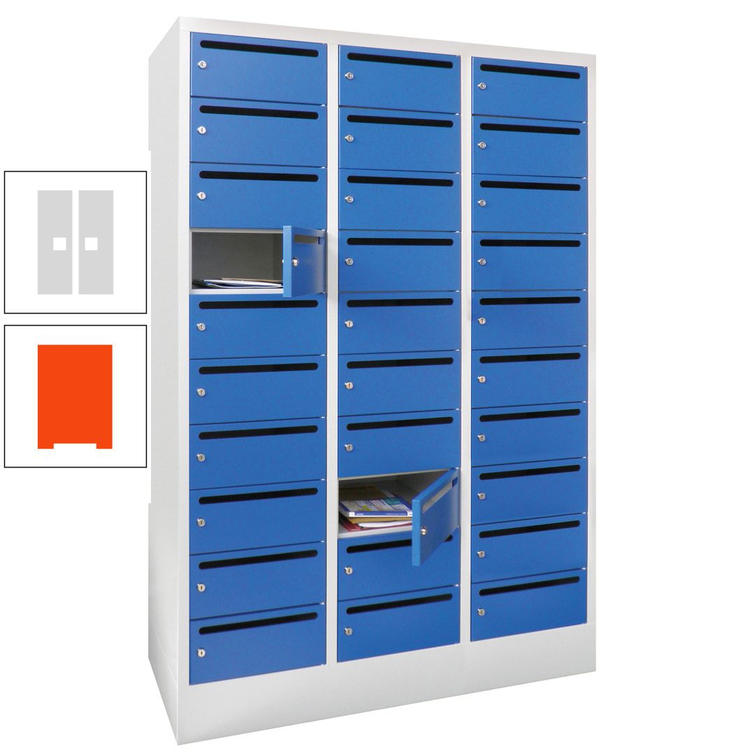 Postverteilerschrank, Schließfachschrank, 3 Abteile a 300 mm, 30 Fächer, 1.850 x 900 x 500 mm (HxBxT), Korpus anthrazitgrau, Front anthrazitgrau