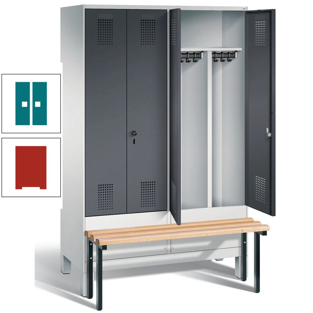 Doppel-Spind, Garderobenschrank, Buche Sitzbank vorgebaut, 4 Abteile a 300 mm, Korpus feuerrot, Tür Wasserblau, 1.850 x 1.200 x 815 mm (HxBxT)