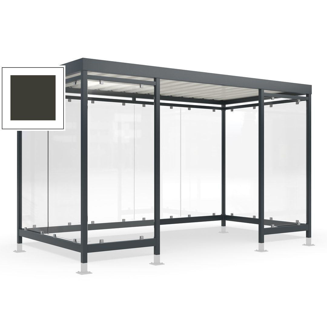 Raucherunterstand für 12-13 Personen, Bushaltestelle, mit Überpflasterung, 2.440 x 4.195 x 2.165 mm (HxBxT), 10 Wände, Achatgrau