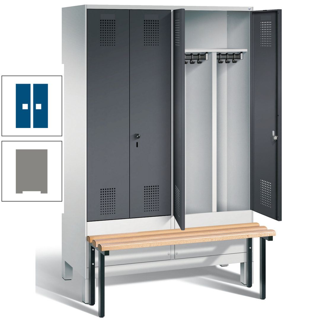 Doppel-Spind, Garderobenschrank, Buche Sitzbank vorgebaut, 4 Abteile a 300 mm, Korpus feuerrot, Tür Wasserblau, 1.850 x 1.200 x 815 mm (HxBxT)