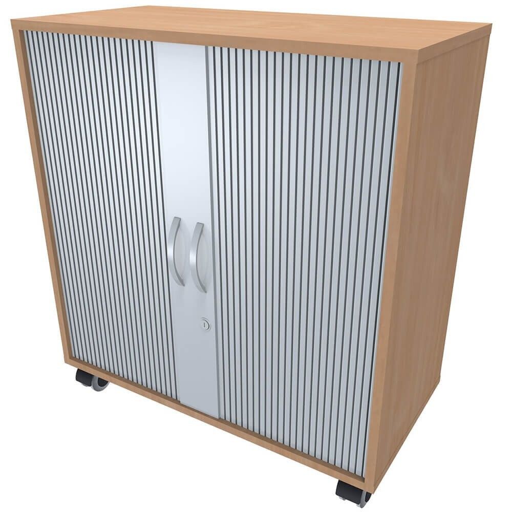 Querrollladenschrank mobil, 2 Ordnerhöhen, 4 Rollen, 2 feststellbar, abschließbar, Gewicht 30 kg, 865 x 800 x 425 mm (HxBxT), Farbe silber/Nussbaum