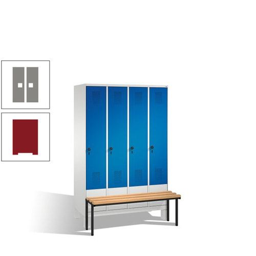 Stahl-Garderobenschrank, Spind, Buche Sitzbank vorgebaut, 4 Abteile a 300 mm, Korpus Lichtgrün, Tür Schwefelgelb, 1.850 x 1.200 x 815 mm (HxBxT)