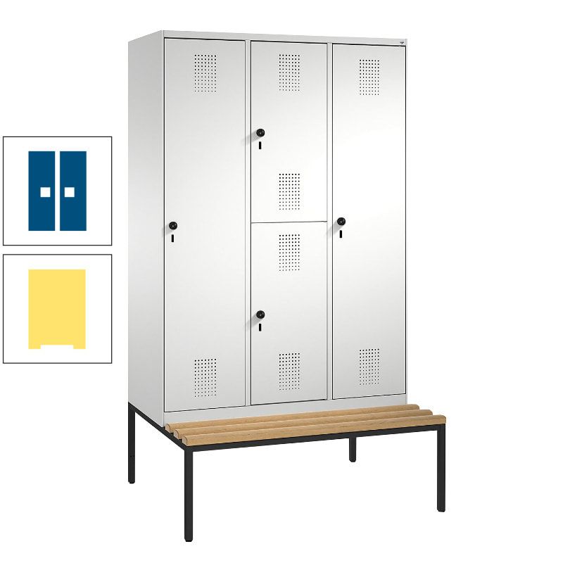 Garderobenschrank, Spind ein- und doppelstöckig Sitzbank, 3 Abteile, 4 Fächer, 2.090x1.200x500 mm (HxBxT), Front anthrazitgrau, Korpus anthrazitgrau