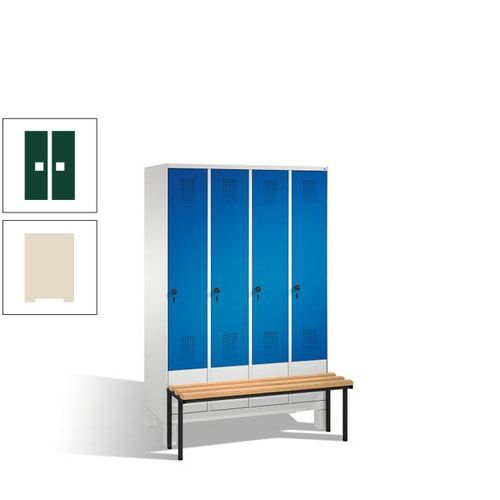 Stahl-Garderobenschrank, Spind, Buche Sitzbank vorgebaut, 4 Abteile a 300 mm, Korpus Lichtgrün, Tür Schwefelgelb, 1.850 x 1.200 x 815 mm (HxBxT)