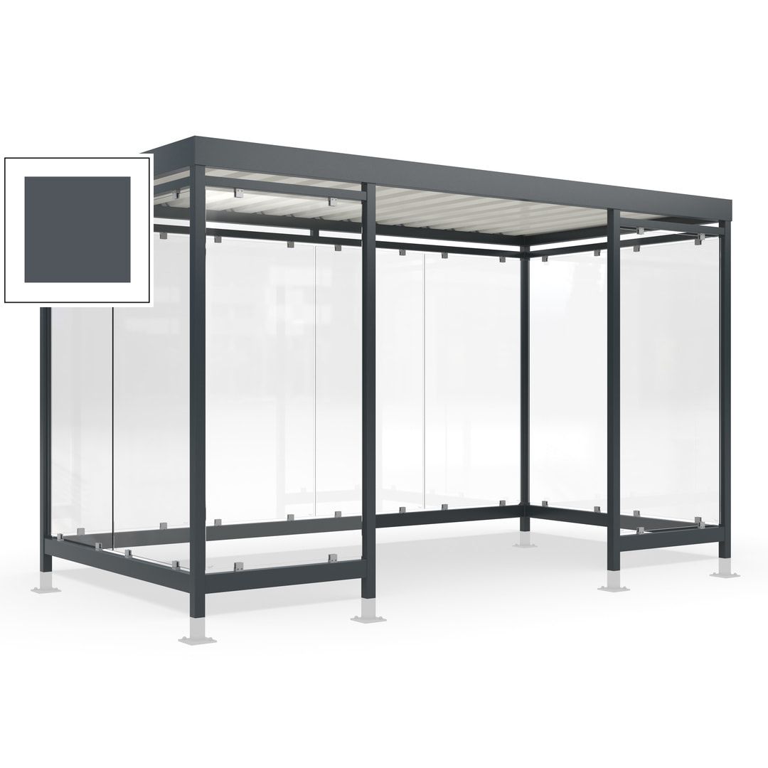 Raucherunterstand für 12-13 Personen, Bushaltestelle, mit Überpflasterung, 2.440 x 4.195 x 2.165 mm (HxBxT), 10 Wände, Achatgrau