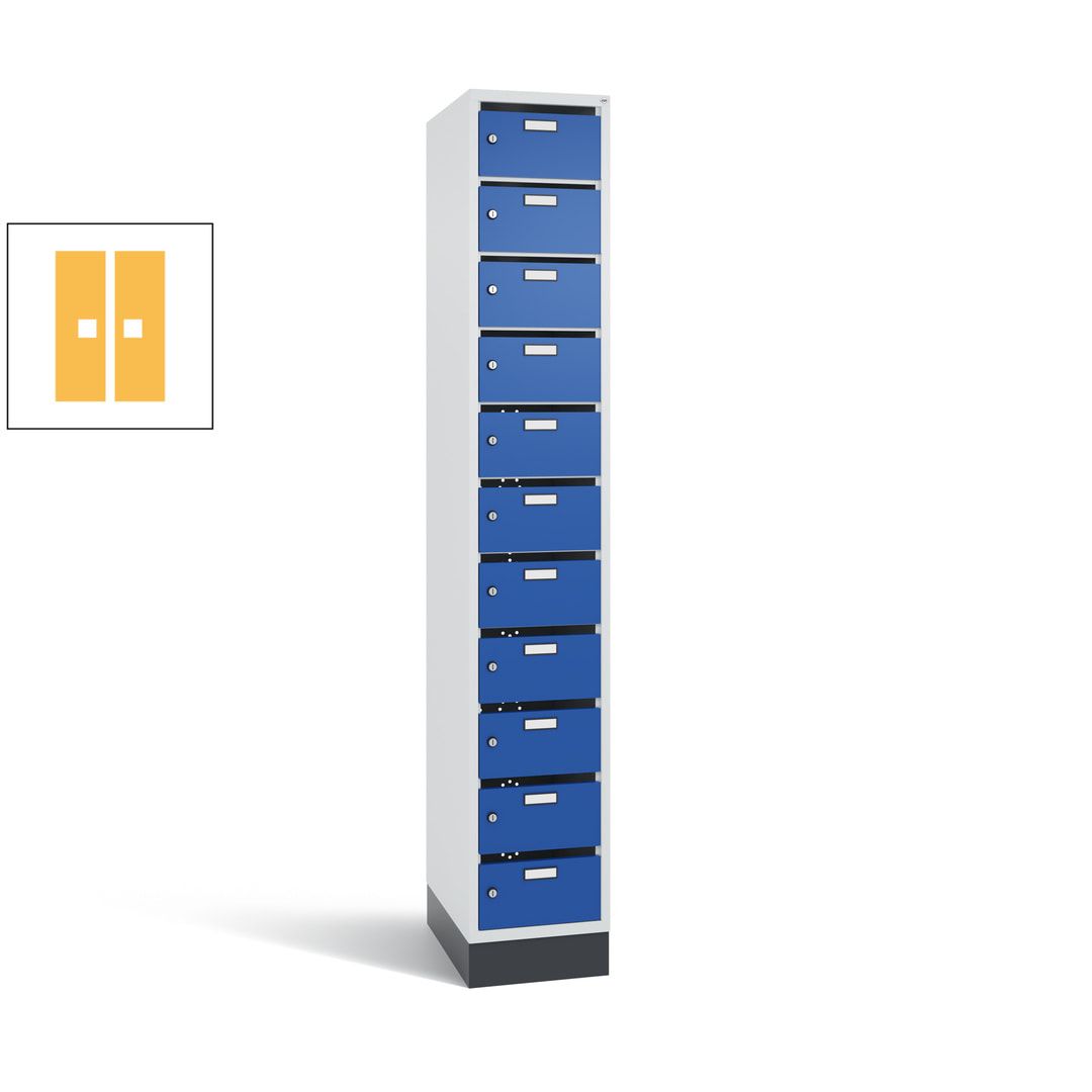 Postverteilerschrank, Schließfachschrank, mit Sockel, 11 Fächer, 1.950 x 320 x 500 mm (HxBxT), Korpus lichtgrau, Tür anthrazitgrau