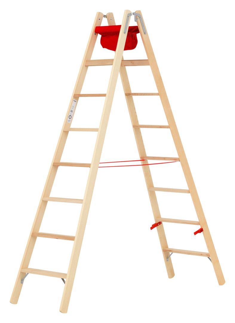 Holz-Stufenstehleiter, beidseitig begehbar, Textiltasche, Eimerhaken, Perlongurte, 1.240 x 473 mm (LxB), 2 x 4 Stufen, 8 kg, Stufentiefe 80 mm, Hymer
