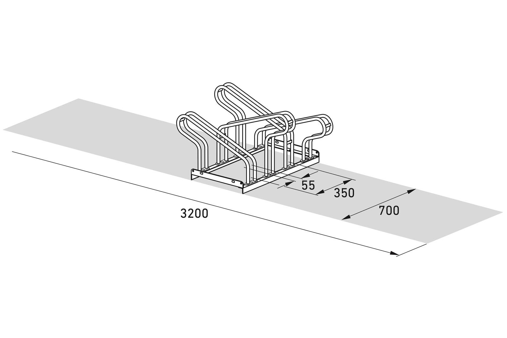 Fahrrad-Bügelparker für gängige Räder, Rundrohrbügel, Silber, Stahl, 8 Stellplätze, höhenversetzt, Reihenverbindung, 415 x 2.900 x 538 mm (HxBxT)