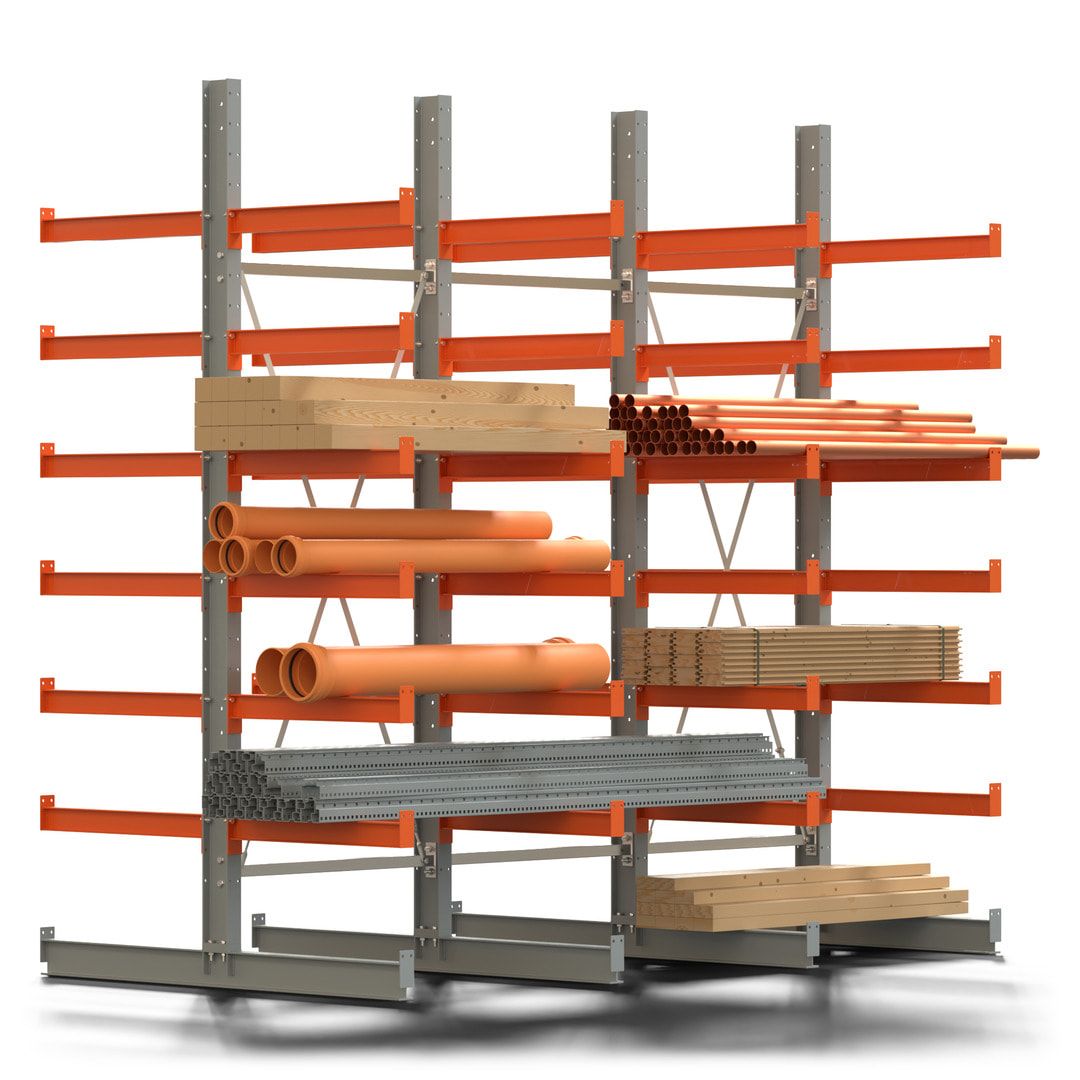 Doppelseitiges Kragarmregal, 2 Felder, 3.000 x 2.000 x 1.120 mm (HxBxT), Nutztiefe 500 mm, Kragarmlast 870 kg, KARL basic, silbergrau/reinorange