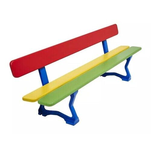 Kindersitzbank, Sitzbank, 270 x 1.500 mm (HxB), Tropenholz mehrfarbig, Stahlguss verzinkt, beschichtet in enzianblau, auf Bodenplatten
